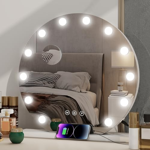 Kwanner Hollywood Schminkspiegel mit LED-Beleuchtung Rund 50cm, Spiegel mit Beleuchtung, 12 Dimmbare Lampen 3 Lichtfarben, Touch Schalter, USB Anschlüssen, Makeup Schminkspiegel mit Licht, Weiß