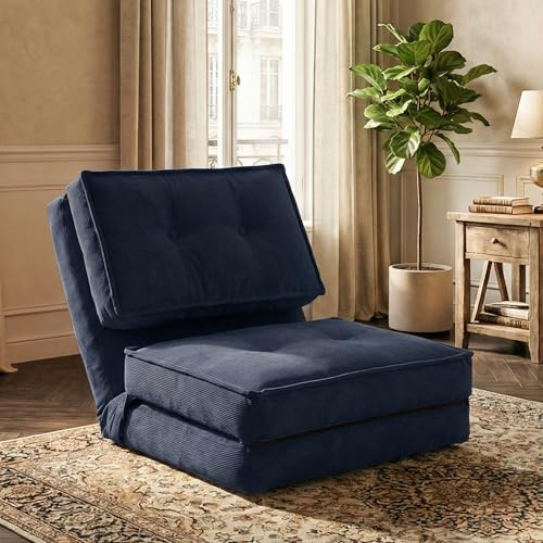 Fabulcozy Poltrona Letto 4-in-1, Schienale Regolabile 5 Posizioni in Velluto a Coste, Struttura in Ferro, Maniglia e Cinghie, Poltrona Multiuso per Soggiorno, Ufficio,Blu
