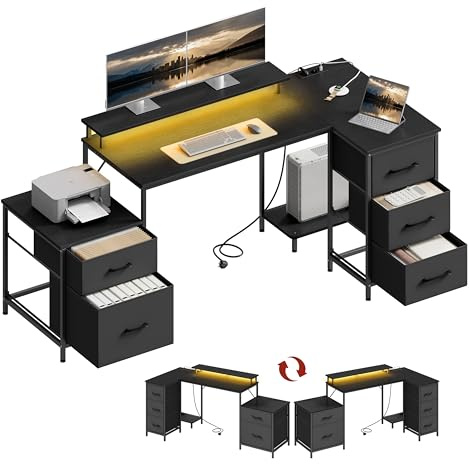 WOLTU Escritorio en L 5 Cajones, Mesa Ordenador Esquinera, 180x80x84 cm | 2 Enchufes, 1 Puerto USB, 1 Puerto Tipo C, Reversible con Luz LED, para Gaming Estudio Oficina, Negro