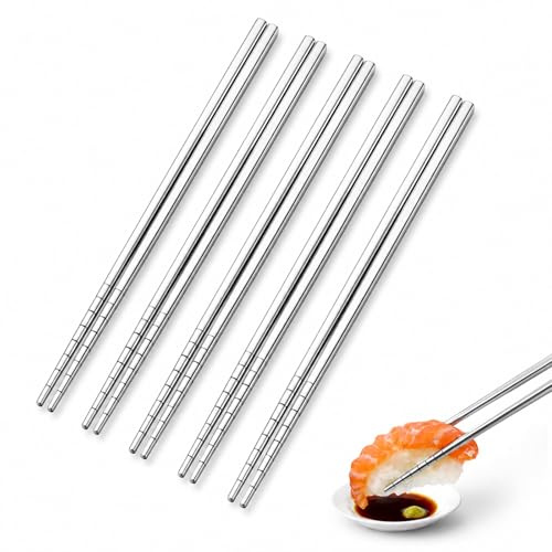 Stainless Steel Chopsticks 5 Pairs Reusable Multicolor Lightweight 304 Metal Chopsticks Square Lightweight Non-Slip Chop Sticks Dishwasher Safe Gift Set(Silver Hollow)