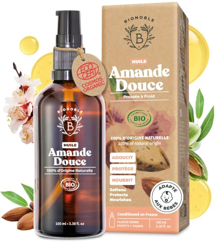BIONOBLE Ekologisk Sötmandelolja Kallpressad - Hud, Hår, Baby - 100ml | 100% Ren, Utan Hexan, Dermatologiskt Testad - Mjukgörande, Närande - Vegan Sweet Almond Oil - Glasflaska med Pipett och Pump