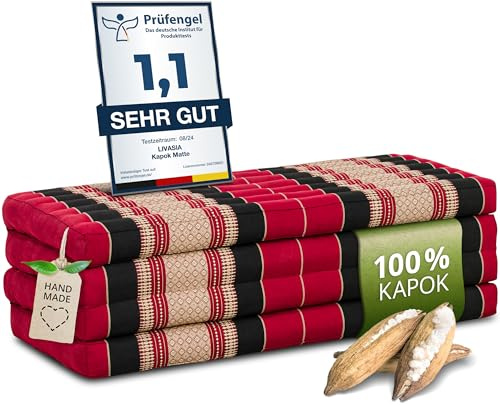 livasia Nachhaltige Klappmatratze aus Kapok - 200x110x8cm - breite Gästematratze, Faltbare Matratze, ökologische Yogamatte, klappbares Gästebett, Liege für Garten und Balkon (Rot/Schwarz)