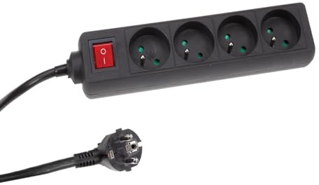Perel Bloc multiprise avec Interrupteur, 4 Prises avec Terre française (Type E), 1.5 m, 3G1.5, Usage intérieur, Noir