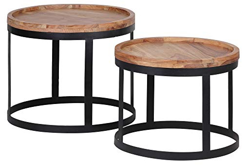 FineBuy Couchtisch 2er Set Akazie Massivholz rund · Wohnzimmertisch Set mit schwarzem Metallgestell · Handgefertigte Massivholztische im modernen Industrial Design Beige
