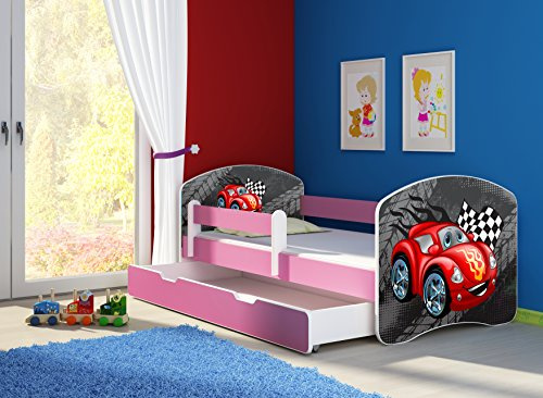 CLAMARO 'Fantasia Pink' 140 x 70 Kinderbett Set inkl. Matratze, Lattenrost und mit Bettkasten Schublade, mit verstellbarem Rausfallschutz und Kantenschutzleisten, Design: 05 Rennwagen Rot