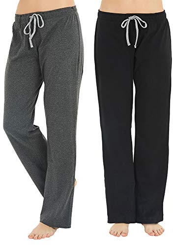 U2SKIIN 2er Pack Pyjamahosen Damen lang 100% Baumwolle Schlafhose leichte Schlafanzughose Freizeithose Haushose (Schwarz+Dunkelgrau Mel., M)