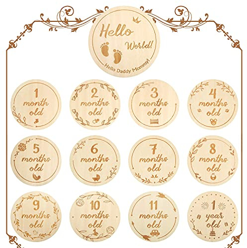 Outus Baby Monatliche Holzkarten, 26 Design 13 Stücke Neugeborene Meilenstein Baby Geschenk Sets Monatliche Meilenstein Karten Baby Ersten Jahr Wachstum Foto Bild Gedenk Requisiten, Doppelseitige