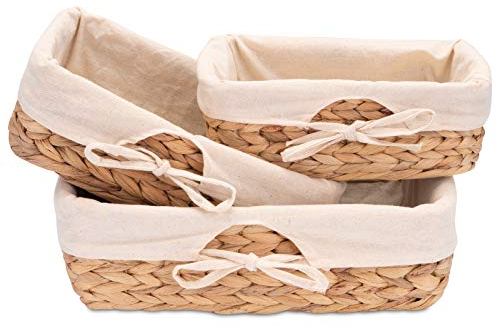 Decorasian - Set di 3 cestini per la tavola intrecciati in giacinto d’acqua con panno di lino, ideali per il pane