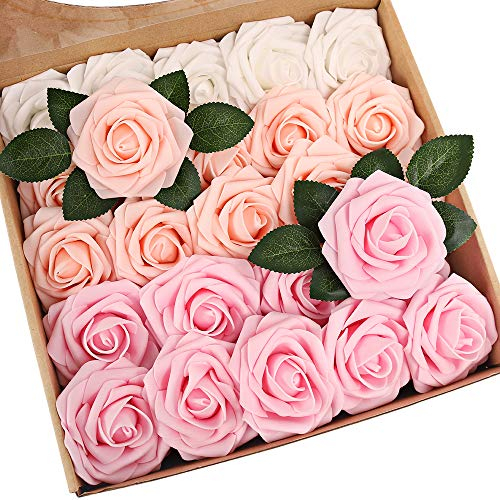 N&T NIETING Fiori Artificiali, Rosa Artificiali 25 Pezzi Schiuma Teste di Rose Finte Aspetto Reale con Foglia e Gambo Regolabile per DIY Matrimoni Mazzi Nuziale Festa Casa Stanza Decorazioni (Rosa)