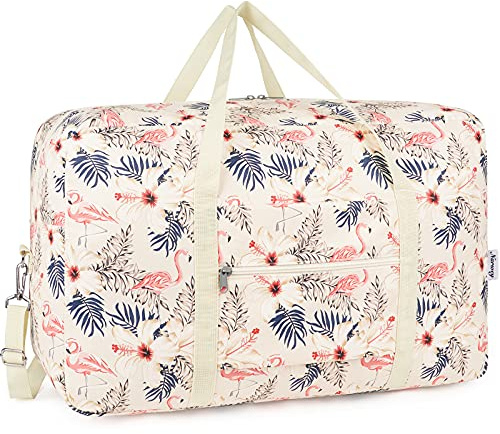 For Airlines Large Cabin Bag 56x45x25 Foldable Travel Duffel Bag Holdall Tote Carry on Luggage Overnight for Women and Men 40L (Beige Flamingo)