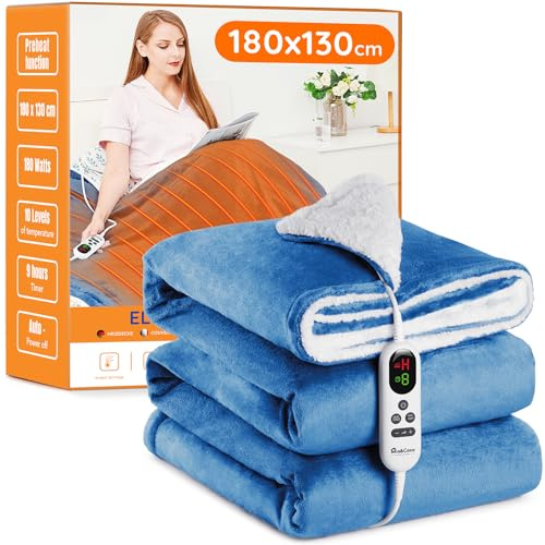 Mia&Coco Manta eléctrica con calefacción de Franela Sherpa de Calentamiento rápido de 180 x 130 cm, 10 Niveles de Calor y Temporizador de Apagado automático de hasta 9 Horas, Certificado ETL, Azul