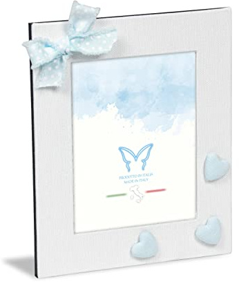 Corcnice Portafoto da Tavolo 13x18 Baby, tessuto cotone bianco con nastro e cuori tessuto celeste