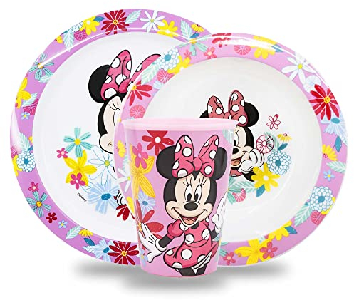 Sorrisini Ensemble de Vaisselle pour Enfants, Ensemble de vaisselle Réutilisable pour enfants avec assiette, bol à céréales et verre, Ensemble de petit-déjeuner pour enfants, Minnie Mouse