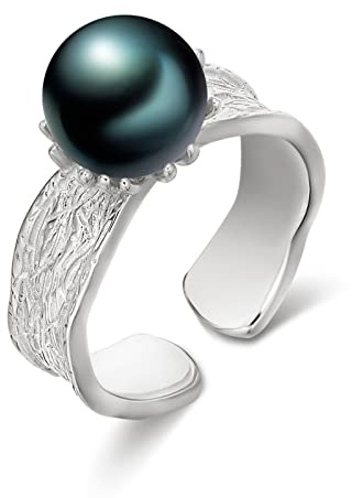 AENEAS Anillo de perlas negras de plata esterlina anillos de perlas negras para mujeres de agua dulce anillo de perlas regalos para mujeres, Perla, Perla