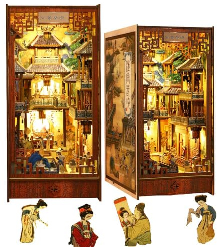 TOPBSFARNY Book Nook Kit - DIY 3D Holz Buchstütze Puzzle Mehrschichtige Miniatur Buchecken für Bücherregale Realistisches LED-Licht Möbel Alter 14+