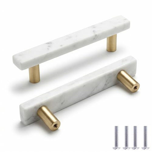PILYON Schrank Griffe 2 Stück Marmor-Messinggriff,Quadratisch,Schwarzer Kristall,Für Schrank,Kleiderschrank,Tür,Schublade,Schrank,Türknauf,Weiß,130mm