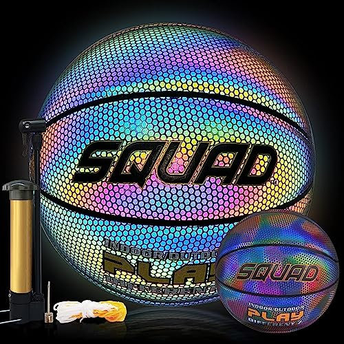 SQUAD NightPlay Reflective Basketball Size 5, Size 7 - Cool Holographic Glow Basketball for Night Game, Ideal Gift for Boys Girls 10-14 Year Old, Cool Teen Toys