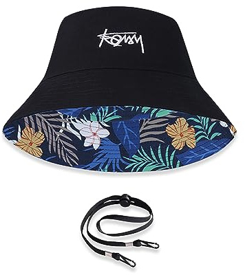 LumiSyne Unisex Wendbarer Fischerhut Einfarbig Mit Buchstaben Stickerei/Hawaii Stil Druck Doppelseitig Baumwolle Eimerhut Mit Abnehmbare Kinnband Faltbar Bucket Hat Sonnenhut Für Sommer Strand Reise