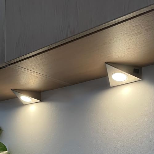 Loevschall Emerald Kit Unterbauleuchte Küche LED 230V, 2er-Kit, Dreieckige LED-Lampe für unterbauleuchte mit 3500K Weißlicht, einfache Installation mit integriertem Schalter, Edelstahl, komplettes Set