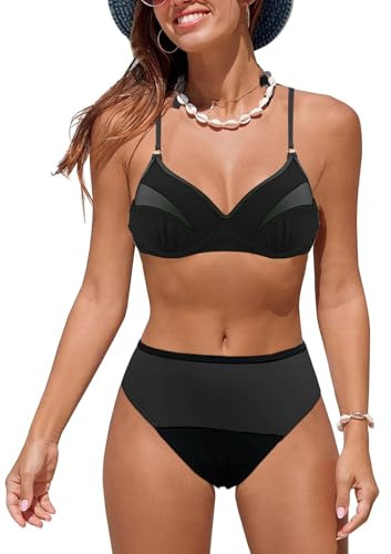 JFAN Costume da Bagno Donna Due Pezzi Bikini a Vita Alta Push up Costumi da Bagno Color Caramella Bikini Donna Mare Nero L