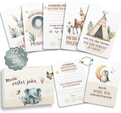 HuBorns - Meilensteinkarten Baby zur Erinnerung an Besondere Momente, 46 Baby Meilensteinkarten Einzigartige und Wunderschön Gestaltet, Baby Monatskarten Ideal für Babygeschenke (Deutsch)