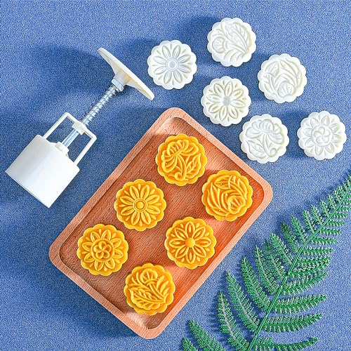 Mooncake Mould Press 50g mit 6 Briefmarken, Mondkuchenform Presse Keksstempeln Kuchenpresse Runde Blumen Dekoration Werkzeuge für Backen DIY Cookie, Kuchen, Keksen, Dessert,Weiß