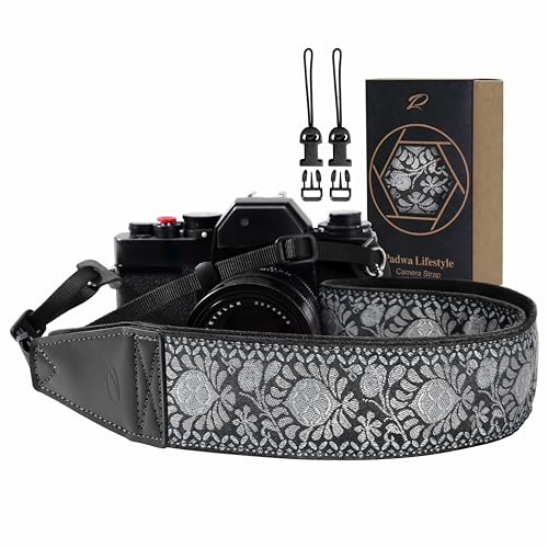 Padwa Lifestyle Kameragurt - 2“ Vollnarbenleder Kameragurte für Fotografen, Vintage bestickt Baumwollgewebe weiches Wildleder Stoff gepolstert Riemen Schnellspanner passt alle Kameras -Grau Schwarz