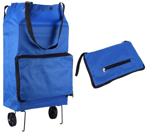 Foldable Shopping Trolley,Portable Shopping Bag with Wheels ,Collapsible Trolley Bags,Oxford Cloth Reusable Shopping Bag Portable Hand-Pulling Grocery Bags Large Capacity for Supermarket Camping(Blue)