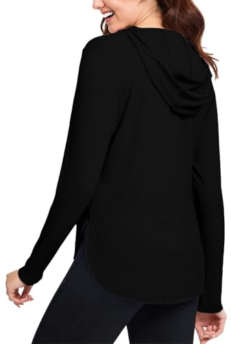 JTSONN Långärmad damtröja, UV-skydd, sporttröja, UPF 50 löpartröja, lätt, ventilerande t-shirt, funktionströja, snabbtorkande, långärmade tröjor, huvtröja, pullover, vandringströja med tumhål, svart,