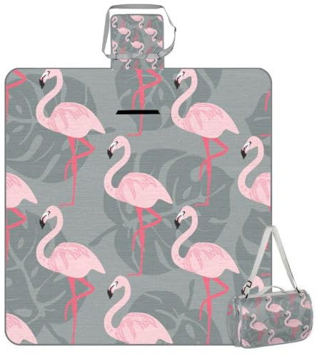 Mularoka Picknickdecke mit Flamingo-Muster, wasserdicht, sanddicht, faltbar, Stranddecke, 150 x 145 cm, extra groß, tragbar, waschbar, Outdoor-Matte für Camping, Park, Gras, Wandern, Reisen