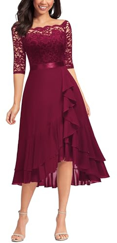MIUSOL Women's Elegant Lace Chiffon 2/3 Sleeve Off-Shoulder Cocktail Ball Bridesmaid Patry Swing Midi Dress