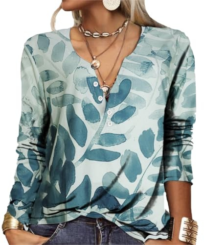 GRMLRPT Blusa para Mujer Manga Larga Camisa Cuello Redondo Botone Casual Top de Manga Larga Colorido Estampado Floral (Style-A,XXL)