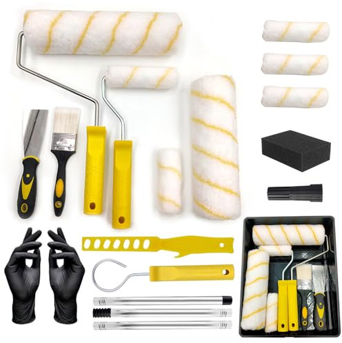KBIBCK Paint Roller Set, 19 PCS Roller Sets for Painting, 9 inch 4 inch Rollers for Painting, Paint Roller Kit with Extension Pole, Paint Rollers and Trays Sets for Painting Walls, Ceiling, Doors