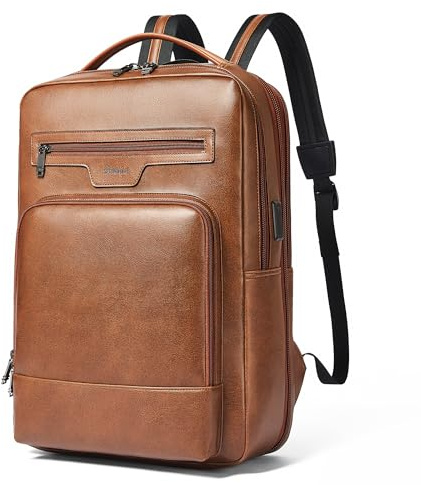 Shrrie Mochila de cuero para laptop para mujer y hombre, mochila de ordenador portátil de 16 pulgadas, mochila de viaje con puerto USB expandible de 28 L para trabajo y negocios, Marrón Bicolor