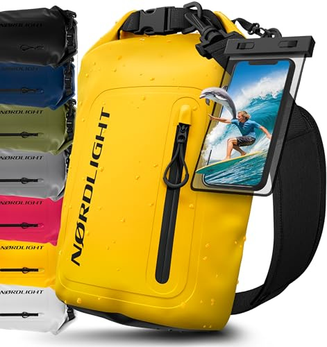 Nordlight Bolsa Estanca Impermeable + Funda para Móvil, Cierre Enrollable, Correa para Hombro | Drybag Mochila Impermeable Saco Estanco Bolsa de Transporte Náutica | Playa Sup - Amarillo, 10 litros