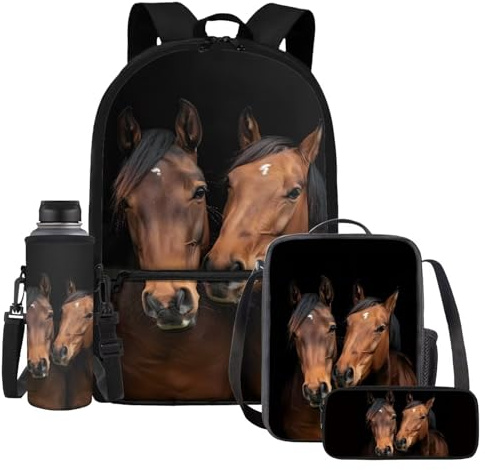 UOIMAG Ensemble de 4 sacs d'école pour enfants avec sac à dos, boîte à déjeuner avec porte-bouteille d'eau et trousse à crayons, Motif cheval marron, One Size, Ensemble cartable