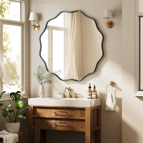 BEAUTYPEAK Runder Spiegel 76 cm, Wandspiegel mit Gewellter Kante, Aluminiumrahmen, Spiegel Rund zum Aufhängen und Anlehnen, Rund Wandspiegel für Schlafzimmer, Badezimmer, Flur Schwarz