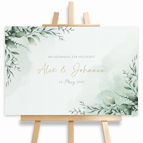 HEI Print Willkommensschild Hochzeit Eukalyptus Gold mit Datum und Namen, personalisierte Hochzeitsdeko, Aufsteller Willkommen Schild, Grün, Leinwand, 60x40