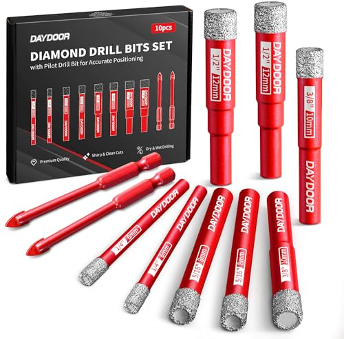 DAYDOOR Diamond Drill Bits Set,10-Piece Tile Drill Bits Set for Porcelain Ceramic Granite Marble Stone Glass,1/4 5/16 3/8 1/2 Ceramic Drill Bit,Masonry Drill Bit, Built-in Cooling Wax, Round Shank