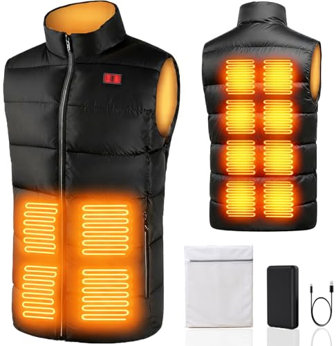 SNZ Gilet riscaldato per uomo e donna con pacco batteria, 12 zone di riscaldamento, giacca elettrica riscaldata per esterni, lavoro, campeggio, Nero (con batteria da 10000 mAh), XXX-Large
