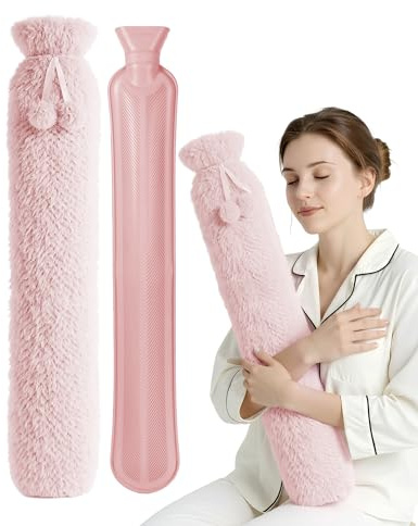 KEPLIN Extra Long 2L Hot Water Bottle with Super Soft Fleece Cover, Durable Natural Rubber, Long Lasting Warmth for Neck, Back & Body, Winter Comfort - Blush