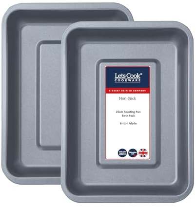 Lets Cook Cookware - 25cm Roasting Tins, Twin Pack (Set of 2), Air Fryer Compatible, Non Stick, British Made