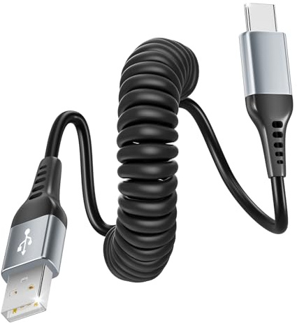layajia Cable USB C en Espiral, 1M [Longitud de Estiramiento Recomendada: 0,3-0,6M] Cable USB a USB-C y de Datos para Android Auto, CarPlay, Serie iPhone 17/16/15, Galaxy S24 Ultra, Pixel, Xiaomi