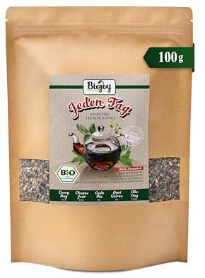Biojoy Tisane BIO en vrac Jeden Tag, 100 g | Mélange de cynorrhodon, feuilles de mûrier, framboisier et autres plantes