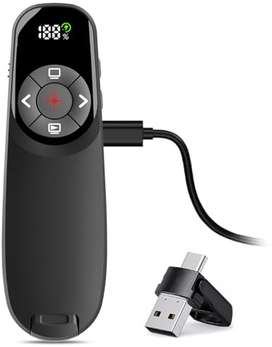 VOVIGGOL Pasador de Diapositivas Recargable con Pantalla de Temporizador, Presentador Inalámbrico de Doble Interfaz USB, Mando Ordenador Powerpoint 2.4GHz, Compatible con Mac, Windows y Ordenador