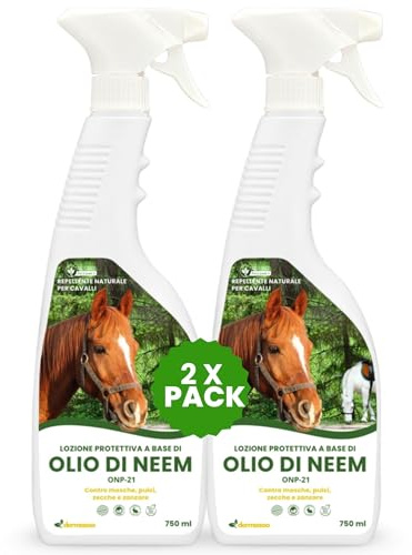 Dermazoo Olio di Neem per Cavalli ONP-21, Repellente Cavalli Antipulci 2 x 750ml, per Pidocchi, Zanzare, Zecche, Mosche e Tafani, Lozione Spray Antizanzare Sicura, Naturale e Specifica