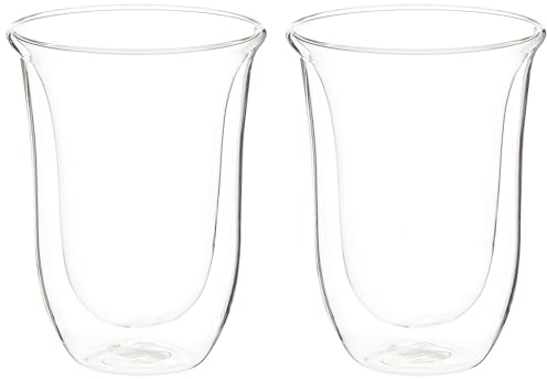 De'Longhi Bicchieri Cappuccino, Tazze di Vetro per Latte Macchiato, Vetro Borosilicato ritenzione del calore, Capacità 220ml, Set di 2, DLSC312, Trasparente