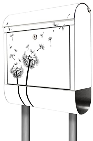 banjado® Standbriefkasten Edelstahl mit Zeitungsfach Motiv Pusteblume 2 / Briefkasten mit Standfuß/Edelstahl Briefkasten freistehend - A4 Einwurf inkl. 2 Schlüssel