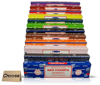 Satya SAI BABA - Mezcla de variedades de champán Nag de 12 cajas de incienso de 15 g, incluye champán Nag, rosa, salvia blanca, parchulí, sándalo, tulsi, lavanda, almizcle, opio, flor de jazmín,