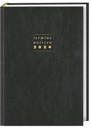 Terminer A5 2024. Schwarzer Terminkalender mit hochwertigem Kunstledereinband. Wochenplaner mit Zitaten und Lesebändchen. Taschenkalender 2024 zum Planen von Terminen.